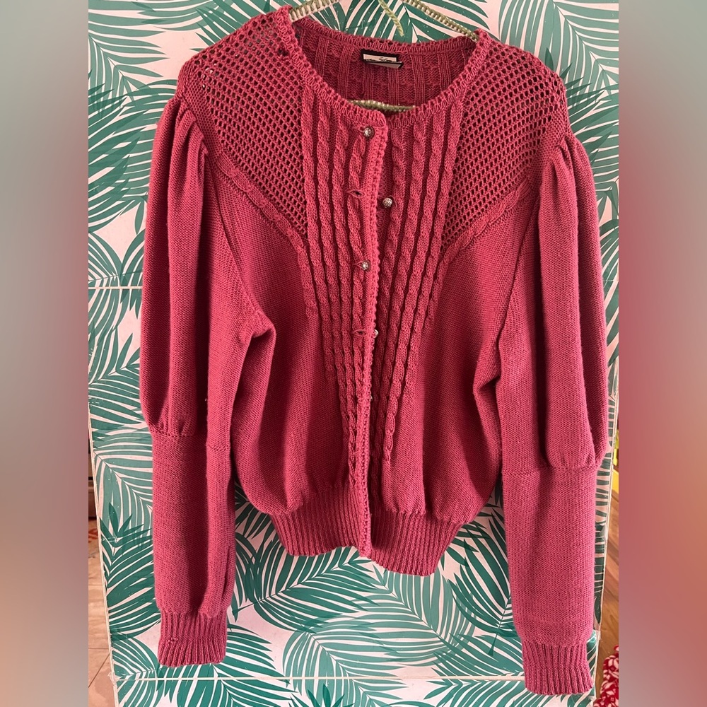 Vintage Achalm Strick wool cardigan silver detailed buttons burgundy wine m/l